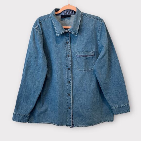 Vintage Classic Oversized Boho Chic Denim Button Down Jean Shirt XL - Picture 2 of 16